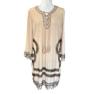 Venus Embellished Boho Beach Long Sleeve Shift Dress Women Sz Medium Beige NEW
